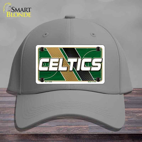 Gray cap with Celtics logo on a wooden surface and gray background