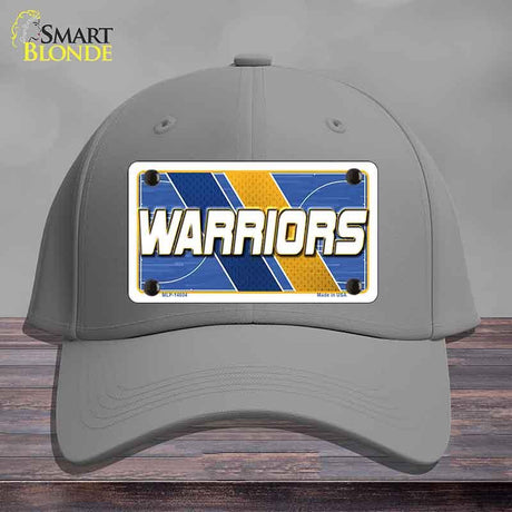 Gray cap with 'WARRIORS' license plate design on a wooden surface