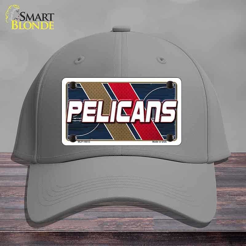 Gray cap with a 'Pelicans' license plate design on a wooden surface