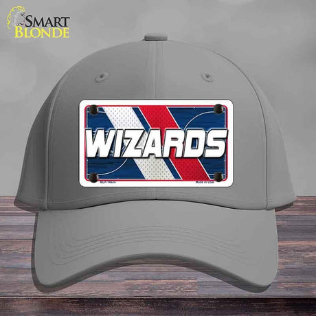 Gray cap with a 'Wizards' license plate design on a wooden surface