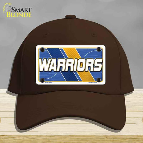Brown cap with 'Warriors' license plate design on a gray background