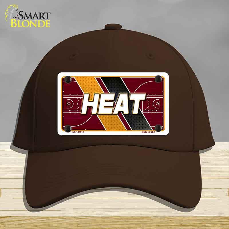 Brown cap with 'HEAT' license plate design on a gray background