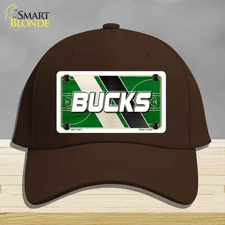 Brown cap with a 'Bucks' license plate design on a gray background
