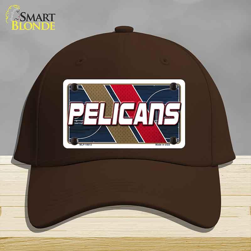 Brown cap with a 'Pelicans' license plate design on a gray background