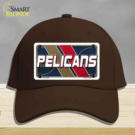 Brown cap with a 'Pelicans' license plate design on a gray background