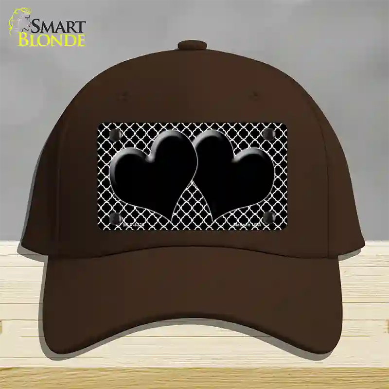 Black White Quatrefoil Black Center Hearts Novelty License Plate Hat Cotton / Dark Brown