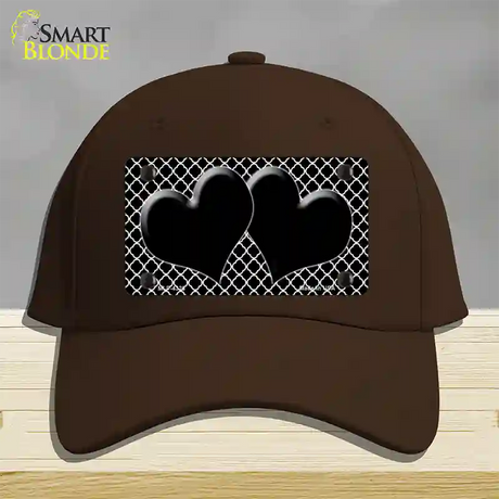 Black White Quatrefoil Black Center Hearts Novelty License Plate Hat Cotton / Dark Brown