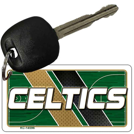 Key with a Celtics logo keychain on a white background