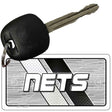 Key with a 'NETS' logo keychain on a white background