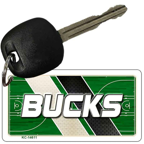 Key with a 'Bucks' keychain on a white background