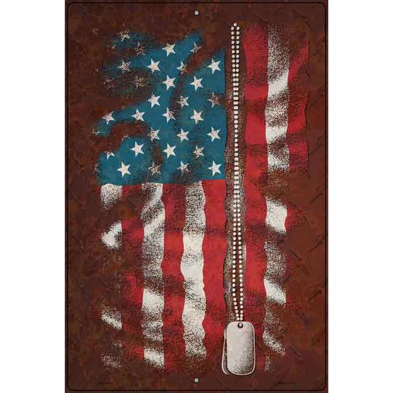 American Flag With Dog Tags Novelty Metal Parking Sign 12" x 18" Sign (LGP)