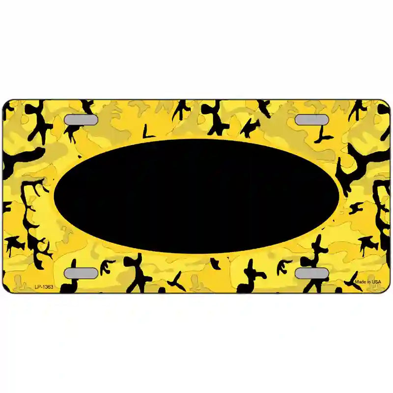 Yellow Black Camouflage With Black Center Oval Metal Novelty License Plate 24" x 12" (LLP)