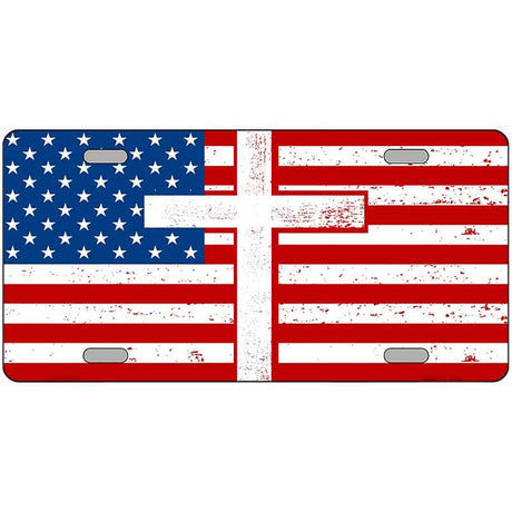 American Flag with Cross Novelty Metal License Plate LP-14518