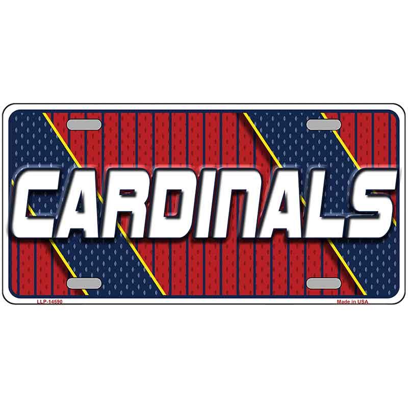 License plate with 'Cardinals' text on a red and blue striped background
