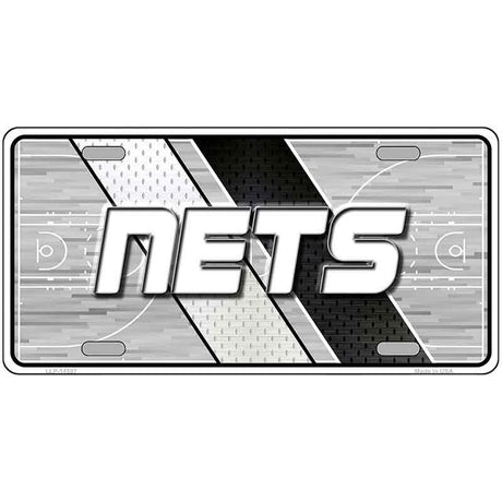 Metallic license plate with 'NETS' text on a basketball court design background