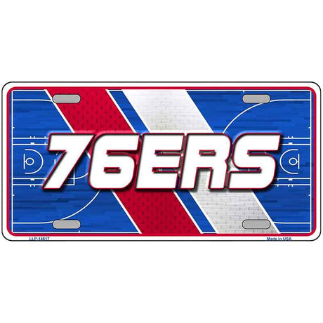 License plate with '76ERS' text on a basketball court design
