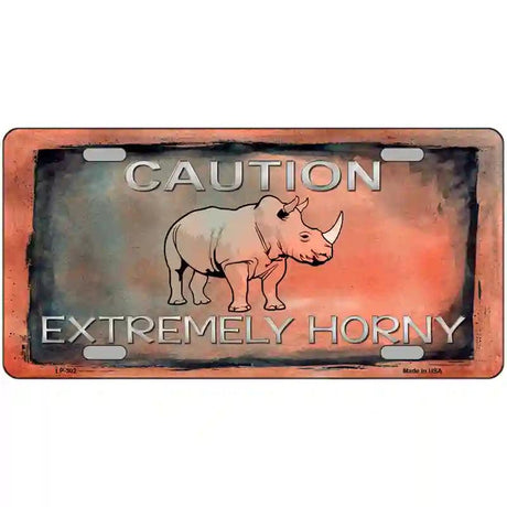 Caution Extremely Horny Metal Novelty License Plate 24" x 12" (LLP)