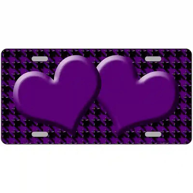 Purple Black Houndstooth Purple Center Hearts Metal Novelty License Plate 24" x 12" (LLP)