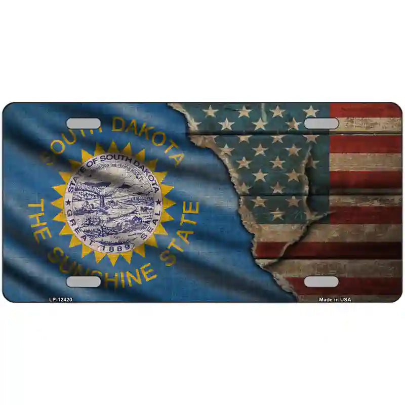 South Dakota/American Flag Novelty Metal License Plate 12" x 6" (LP)