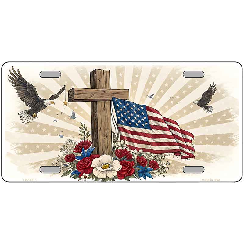 Eagle Flag and Cross Novelty Metal License Plate LP-14510
