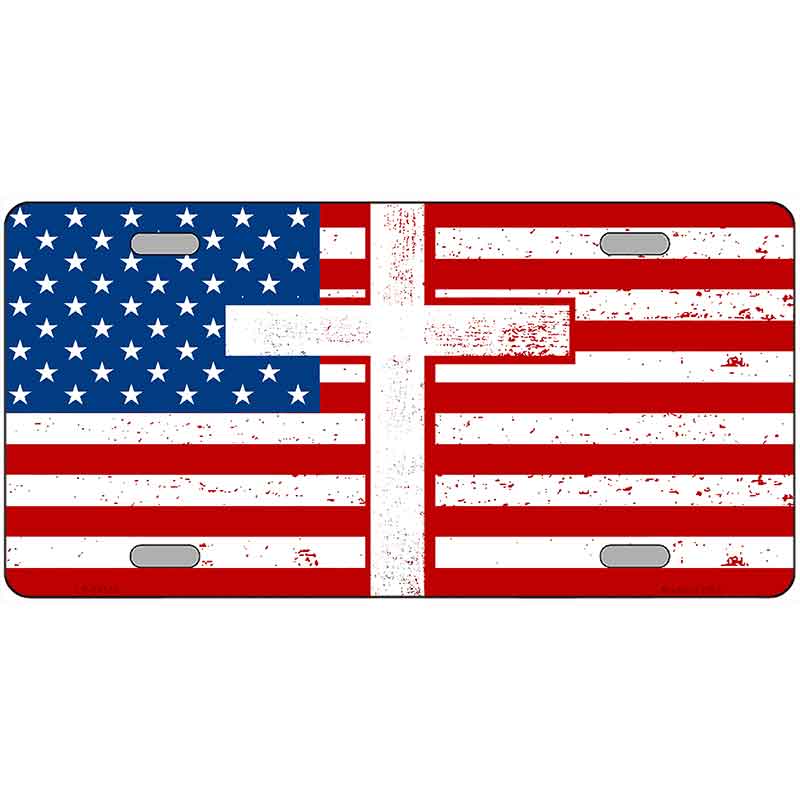 American Flag with Cross Novelty Metal License Plate LP-14518
