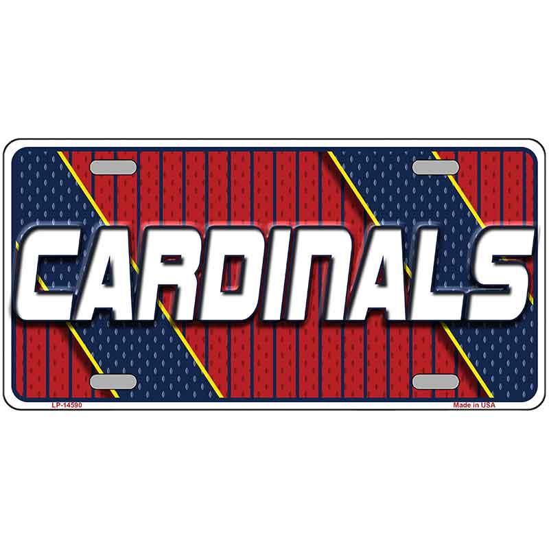 License plate with 'Cardinals' text on a red and blue striped background