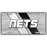 Metallic license plate with 'NETS' text on a sports-themed background