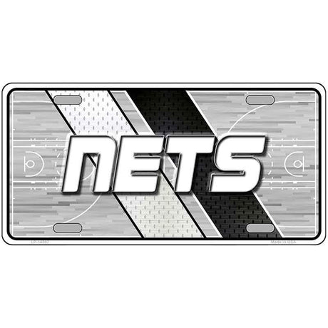 Metallic license plate with 'NETS' text on a sports-themed background