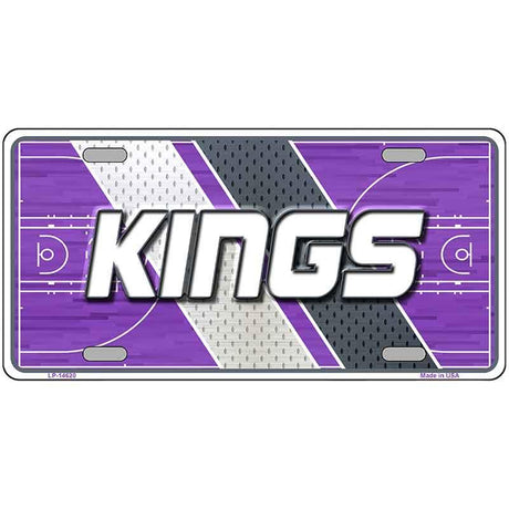 Metallic license plate with 'KINGS' text on a purple and gray background
