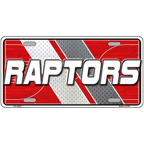 Car license plate with 'RAPTORS' text on a red and gray background