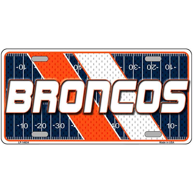 License plate with 'BRONCOS' text on a football field design