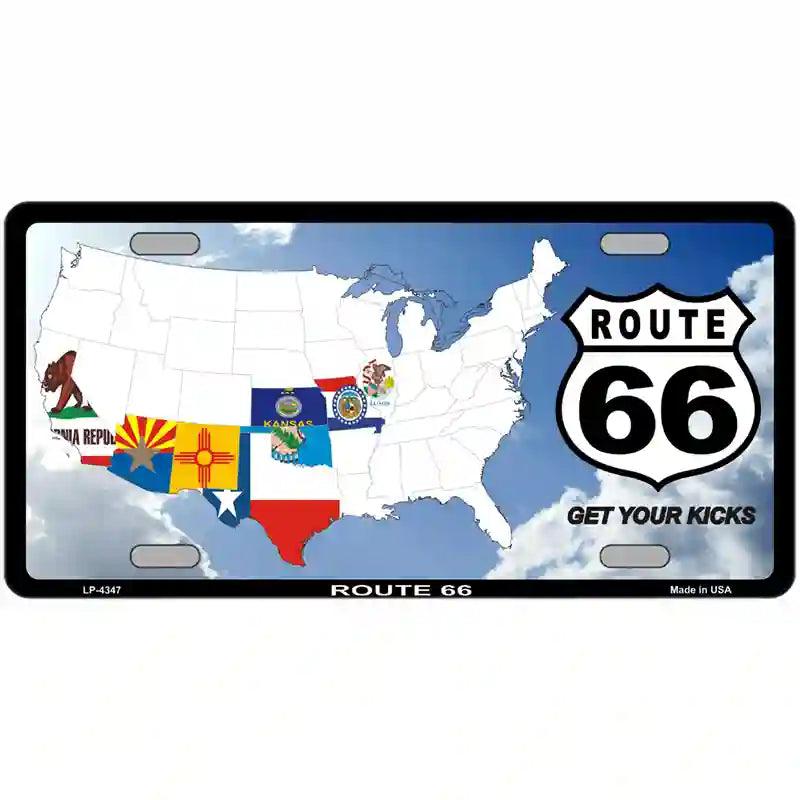 Route 66 8 Flags Clouds Metal License Plate | Smart Blonde