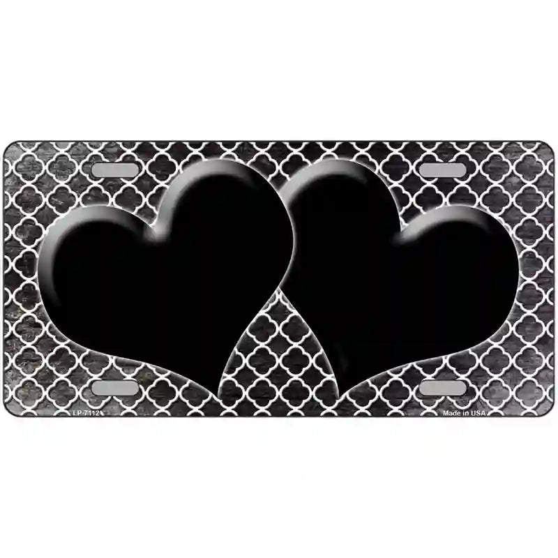 Black White Quatrefoil Hearts Oil Rubbed Metal Novelty License Plate 12" x 6" (LP)
