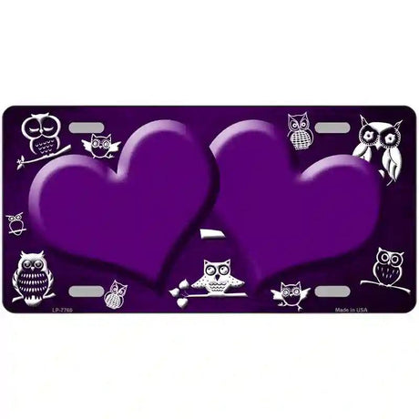Purple White Owl Hearts Oil Rubbed Metal Novelty License Plate 12" x 6" (LP)