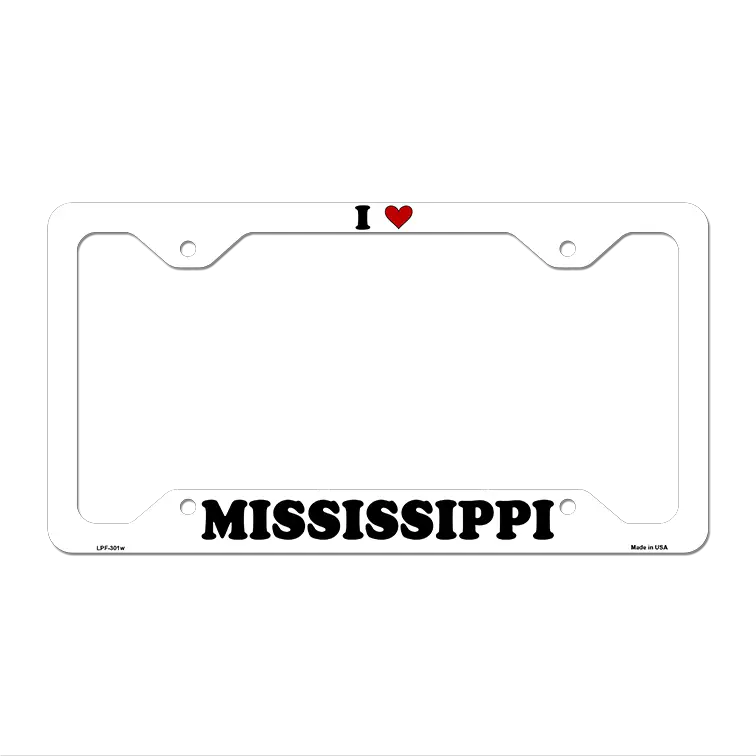 Love Mississippi Novelty Metal License Plate Frame LPF-301 12.25" x 6.5" White Frame (LPF)