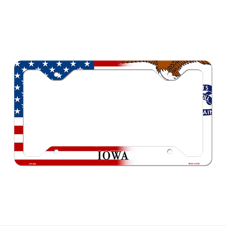 Iowa|American Flag Novelty Metal License Plate Frame LPF-454 12.25" x 6.5" Standard Frame (LPF)