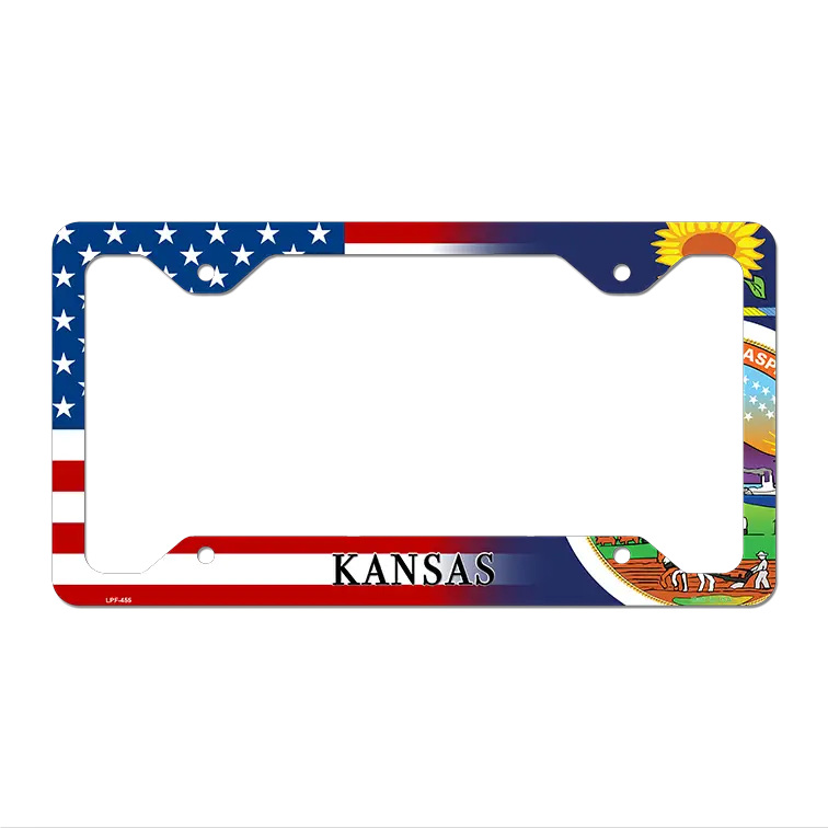 Kansas|American Flag Novelty Metal License Plate Frame LPF-455 12.25" x 6.5" Standard Frame (LPF)