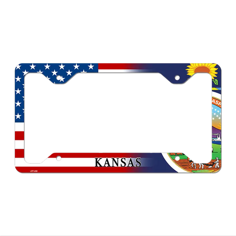Kansas|American Flag Novelty Metal License Plate Frame LPF-455 12.25" x 6.5" Standard Frame (LPF)