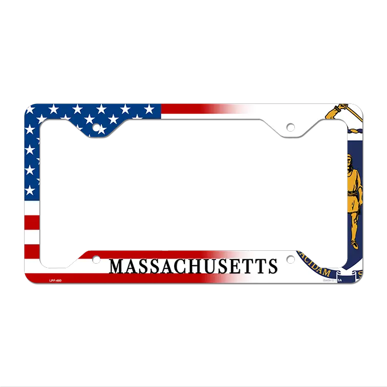 Massachusetts|American Flag Novelty Metal License Plate Frame LPF-460 12.25" x 6.5" Standard Frame (LPF)