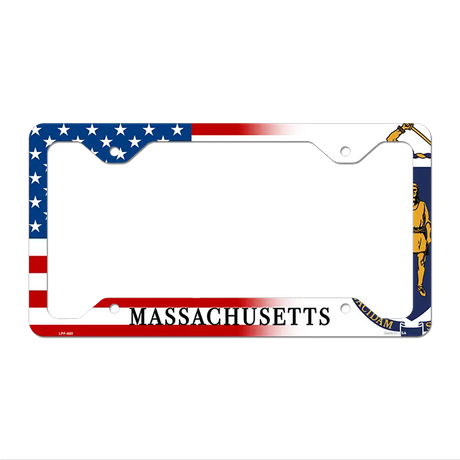 Massachusetts|American Flag Novelty Metal License Plate Frame LPF-460 12.25" x 6.5" Standard Frame (LPF)