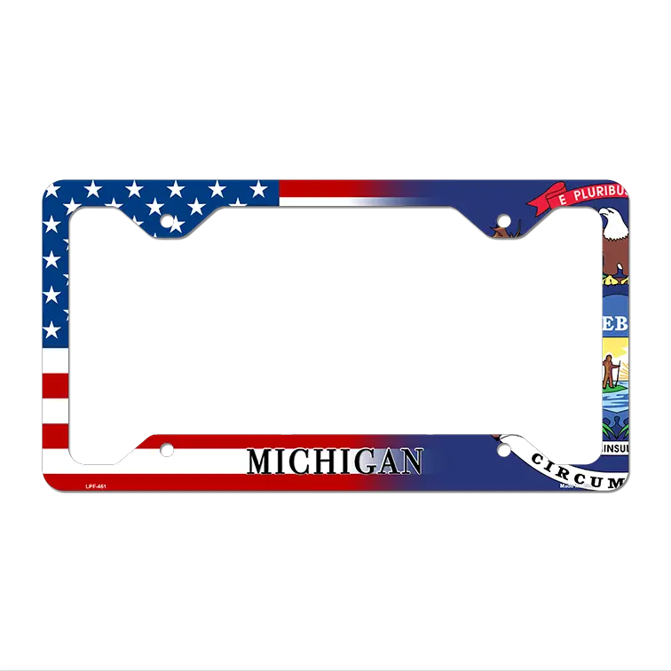 Michigan|American Flag Novelty Metal License Plate Frame LPF-461 12.25" x 6.5" Standard Frame (LPF)