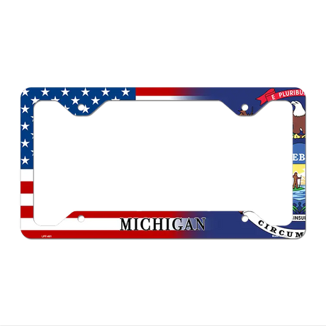 Michigan|American Flag Novelty Metal License Plate Frame LPF-461 12" x 6" Standard Frame (LPF)