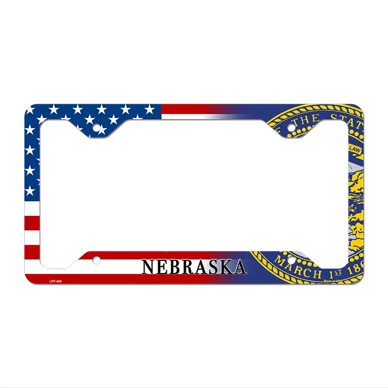 Nebraska|American Flag Novelty Metal License Plate Frame LPF-466 12.25" x 6.5" Standard Frame (LPF)