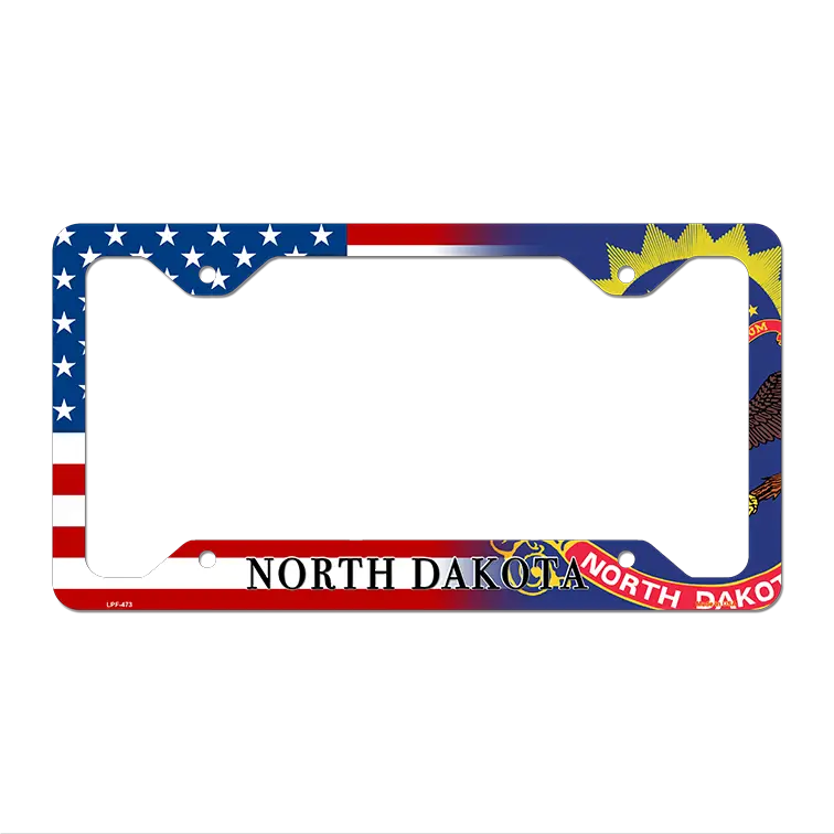 North Dakota|American Flag Novelty Metal License Plate Frame LPF-473 12.25" x 6.5" Standard Frame (LPF)
