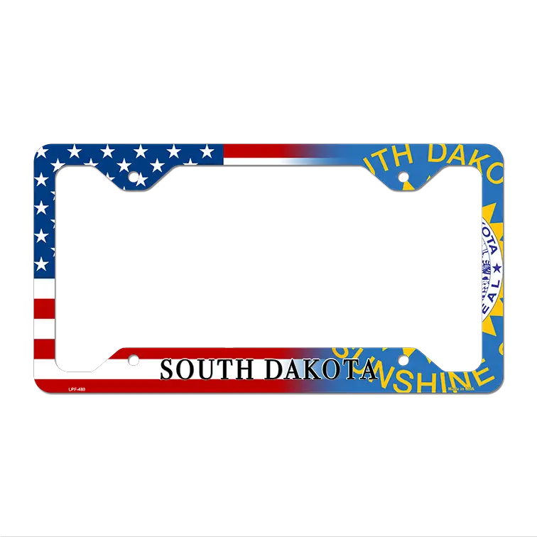 South Dakota|American Flag Novelty Metal License Plate Frame LPF-480 12.25" x 6.5" Standard Frame (LPF)