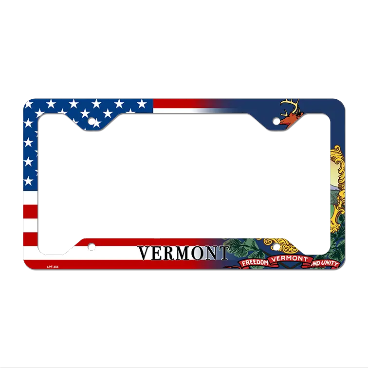 Vermont|American Flag Novelty Metal License Plate Frame LPF-484 12.25" x 6.5" Standard Frame (LPF)