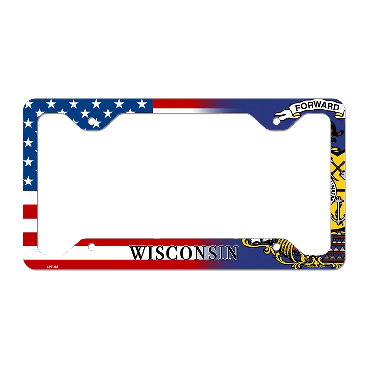 Wisconsin|American Flag Novelty Metal License Plate Frame LPF-488 12.25" x 6.5" Standard Frame (LPF)