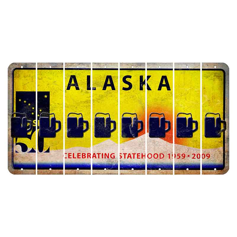 Alaska 50 Year Statehood Cut License Plate Strips (Set of 8) Beer Mug