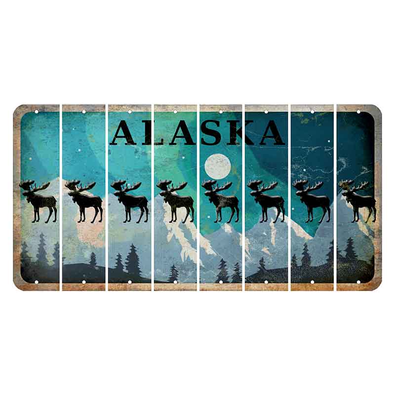 Alaska Northern Lights Cut License Plate Strips (Set of 8) Moose