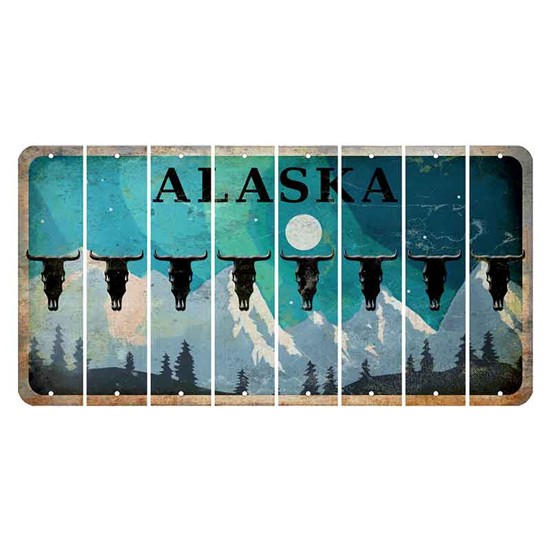 Alaska Northern Lights Cut License Plate Strips (Set of 8) Cow Skull